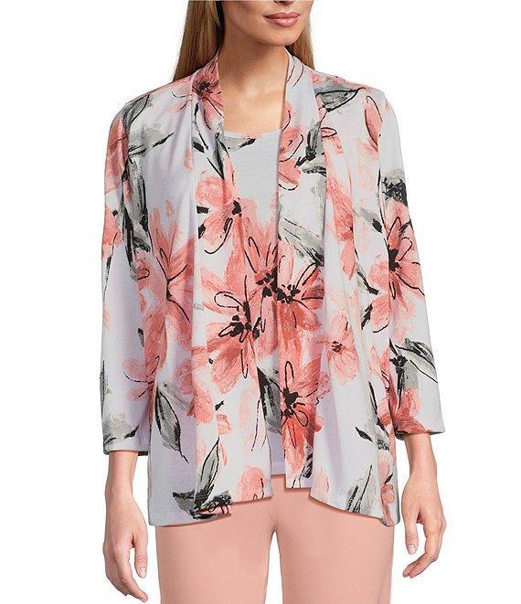 Multiples Knit Pink Print 3/4 Sleeve Open-Front Matching Tank Top Set Product Image