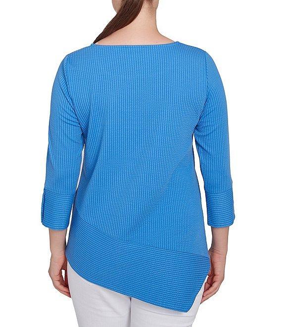 Ruby Rd. Knit Cable Stripe Square Neck 3/4 Sleeve Asymmetric Hem Top Product Image