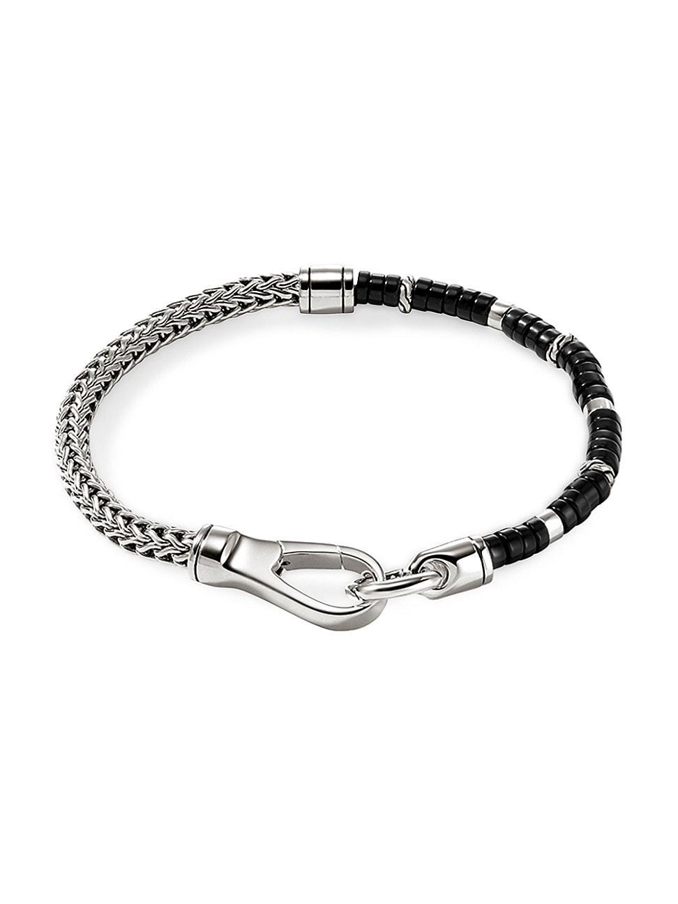 Mens Heishi Sterling Silver & Black Onyx Chain Bracelet Product Image