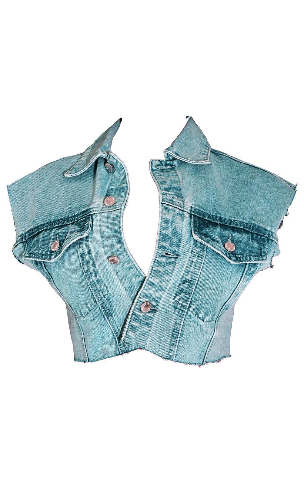 Shape Vintage Wash Washed Denim Raw Hem Edge Cropped Jacket Product Image