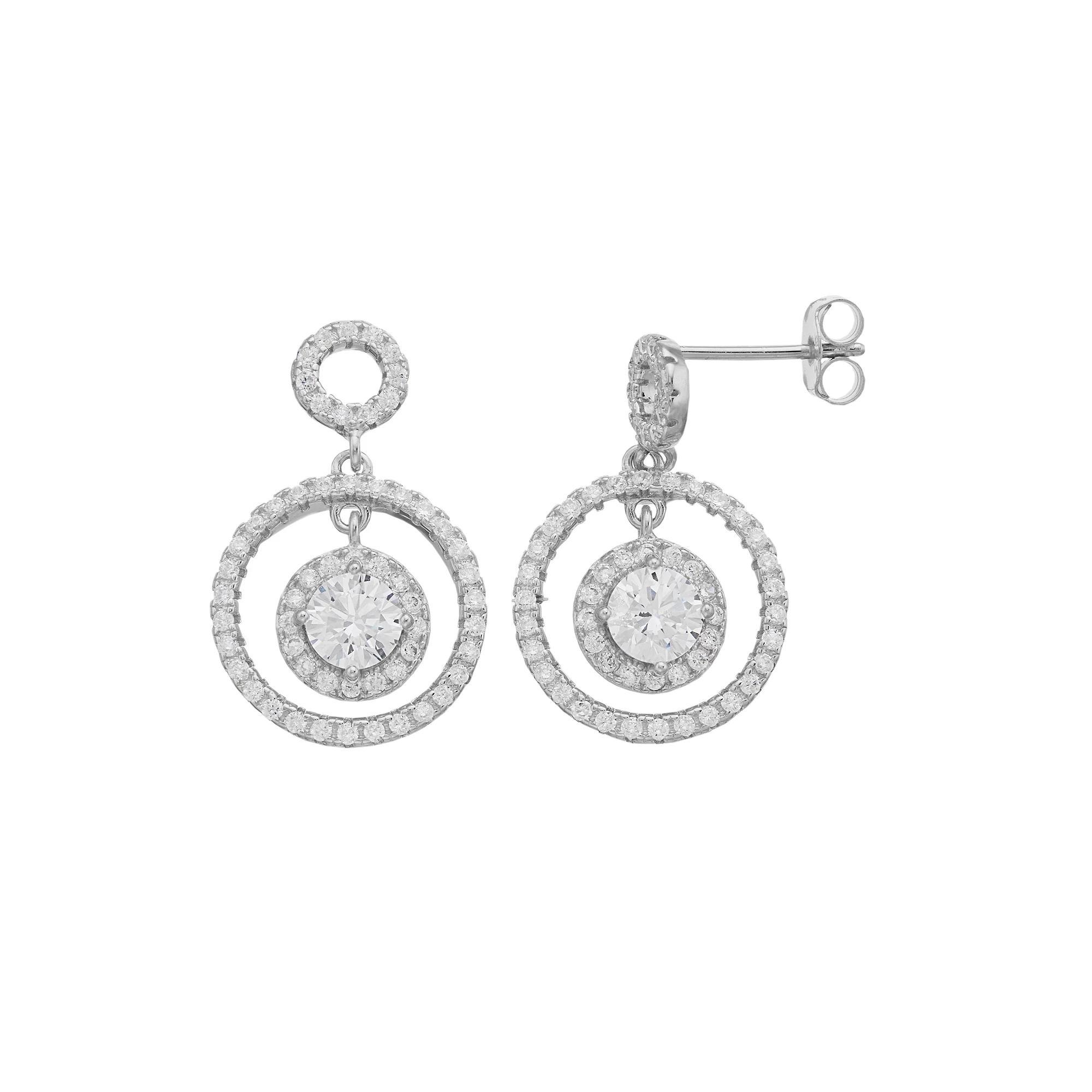 Sterling Silver Three Halo Round Cubic Zirconia Drop Earrings, Women's Product Image