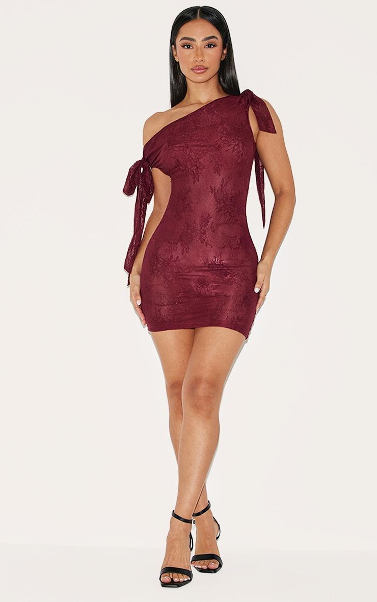 Petite Burgundy Lace Tie Detail Bodycon Mini Dress Product Image