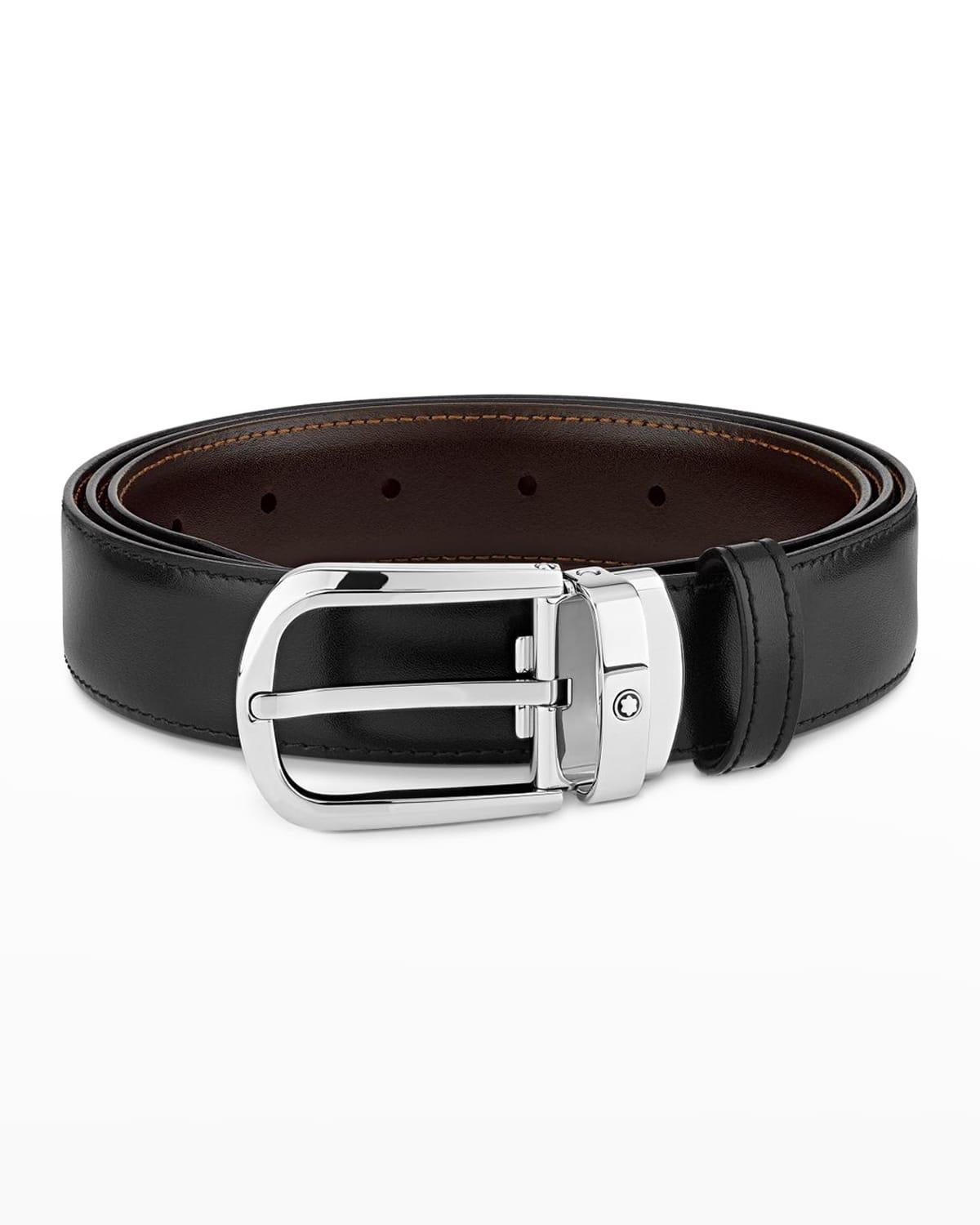 Mens Curved Horseshoe Buckle Cut-to-Size Reversible Leather Belt Product Image