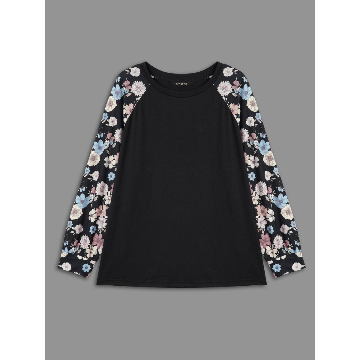 Plus Size Floral Raglan Sleeve Contrast Fabric T-Shirt Black Women Casual Contrast Natural Flowers Round Neck Everyday T-shirts BloomChic 28/5X Product Image