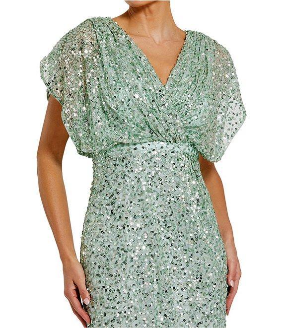 Mac Duggal Sequin Surplice V-Neck Draped 3/4 Sleeve Blouson Bodice Sheath Gown Product Image