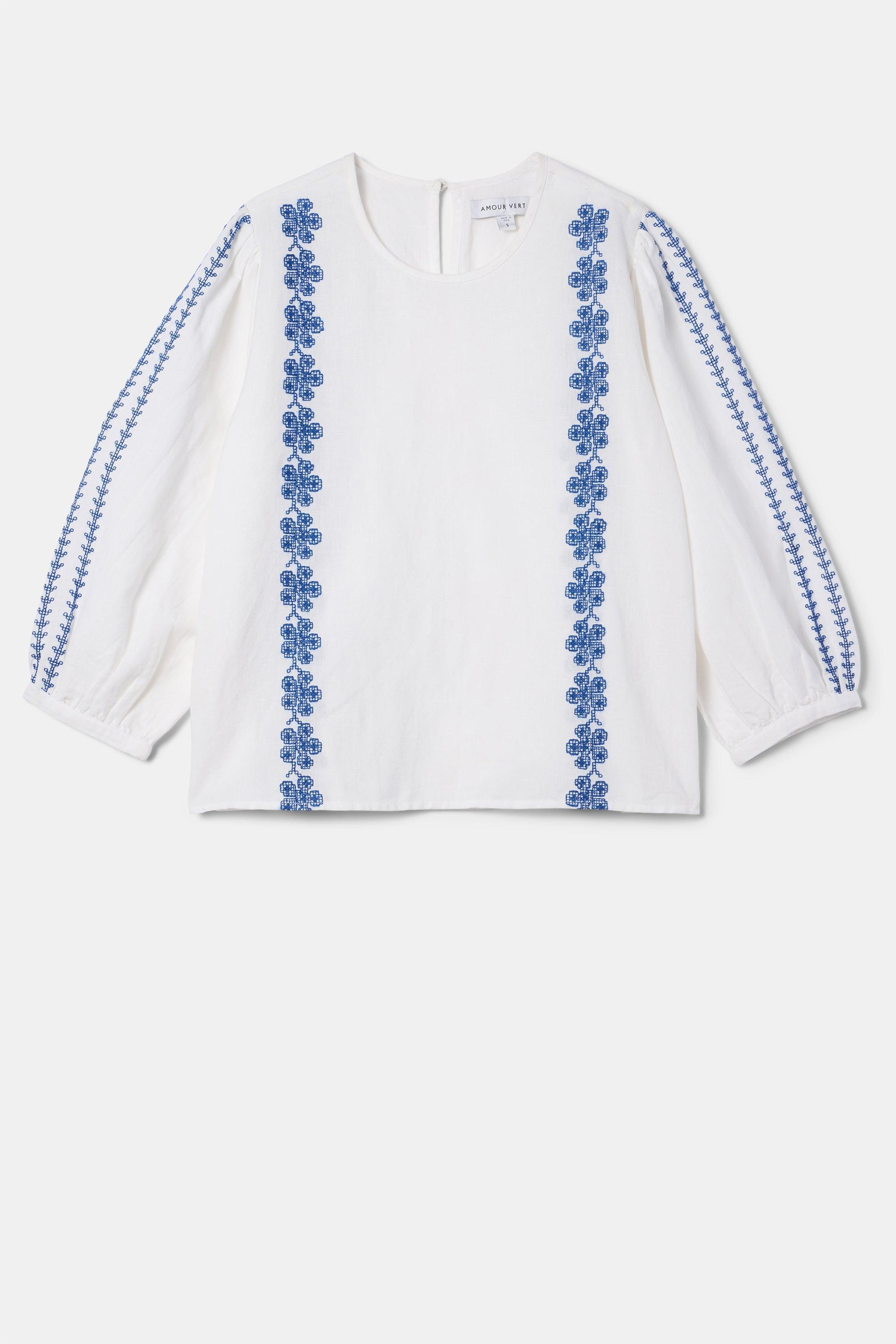 Placed Embroidery Blouse - White Cobalt Embroidery Product Image