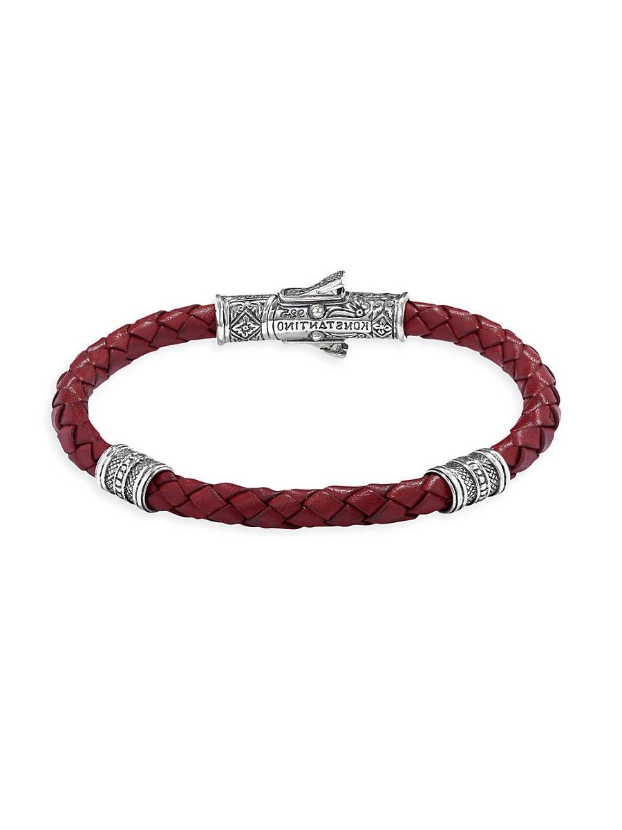 Mens Braided Leather Bracelet w/ Sterling Silver Product Image