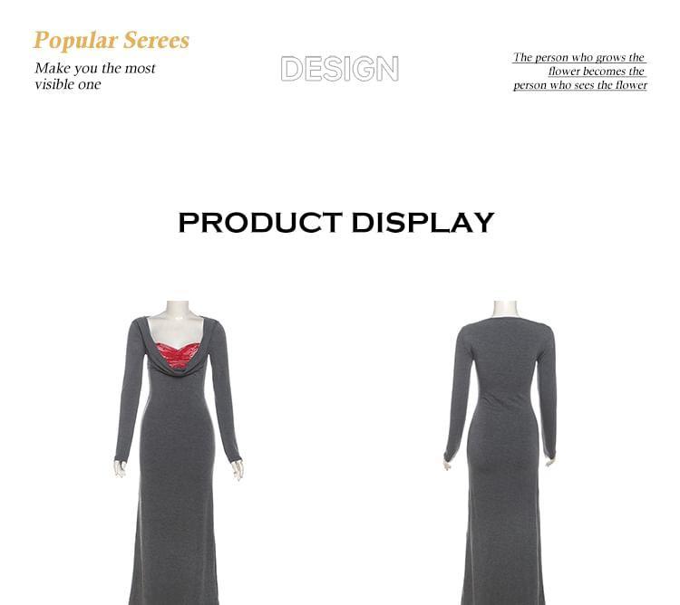 Long Sleeve Cowl Neck Mock Two Piece Panel Lace Maxi Sheath Dress Product Image