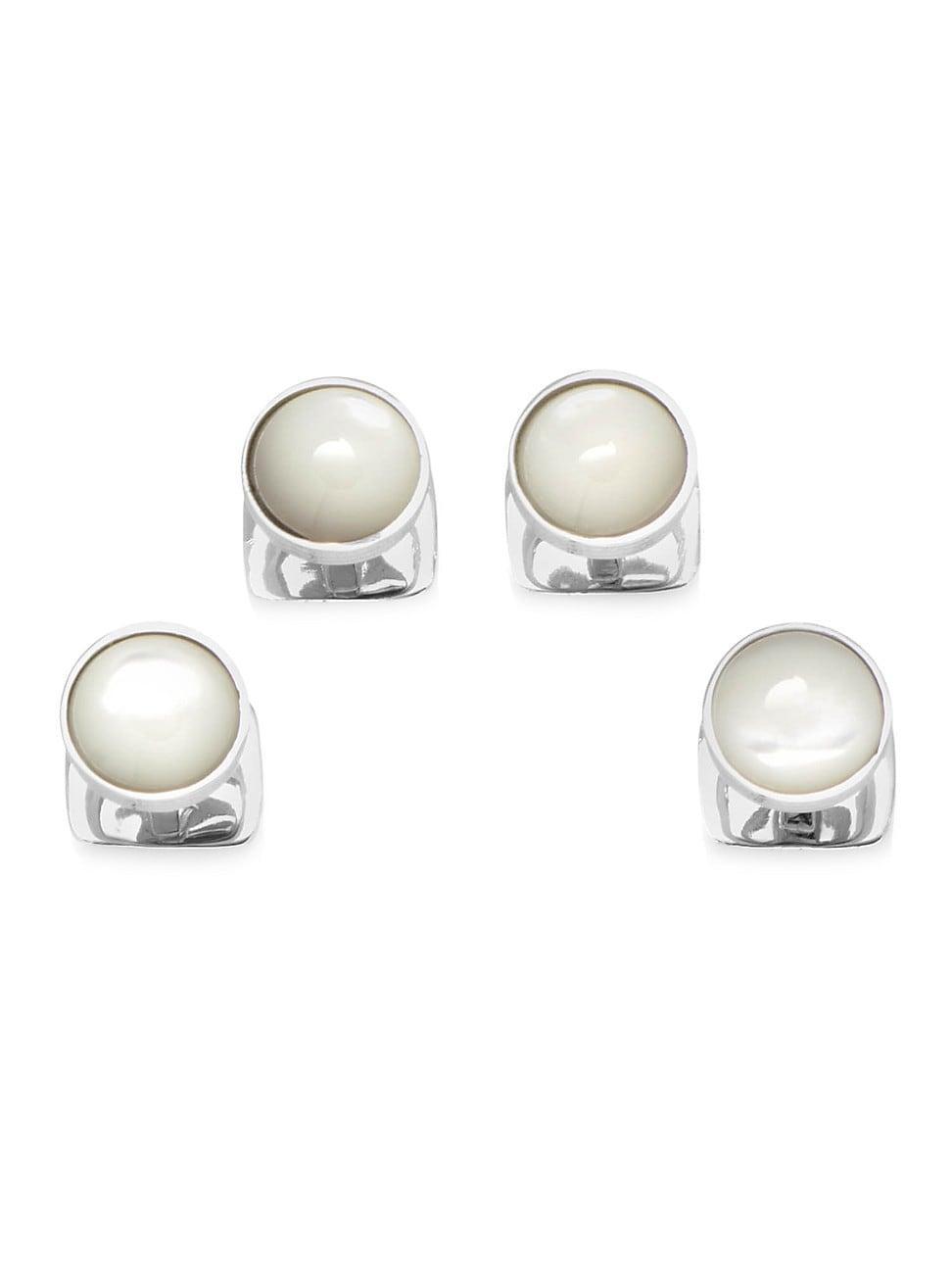 Mens Sterling Silver Ribbed Mother of Pearl Studs Product Image