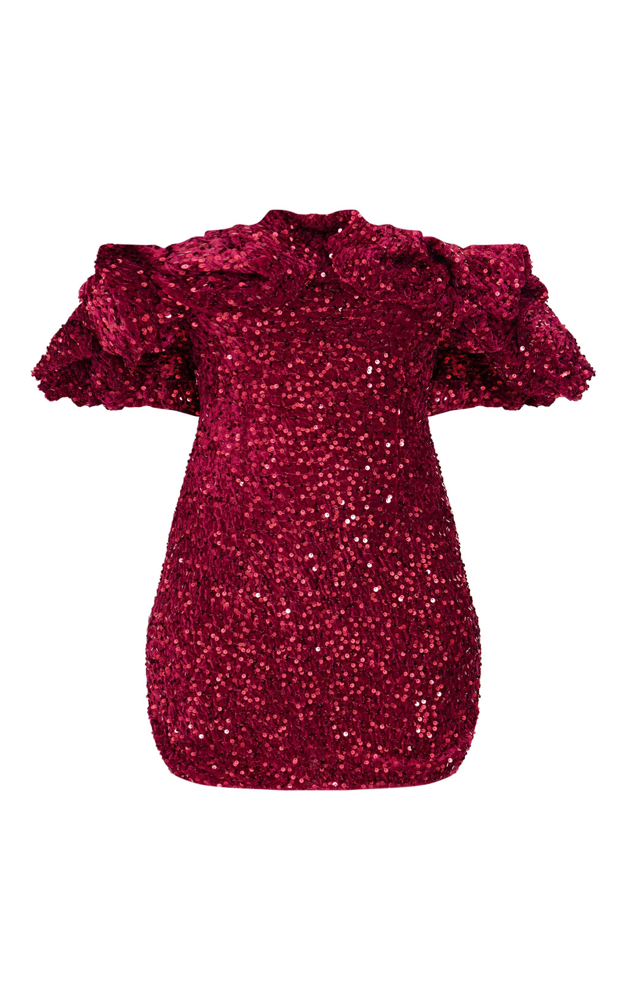 Tall Burgundy Velvet Sequin Extreme Ruffle Mini Dress Product Image