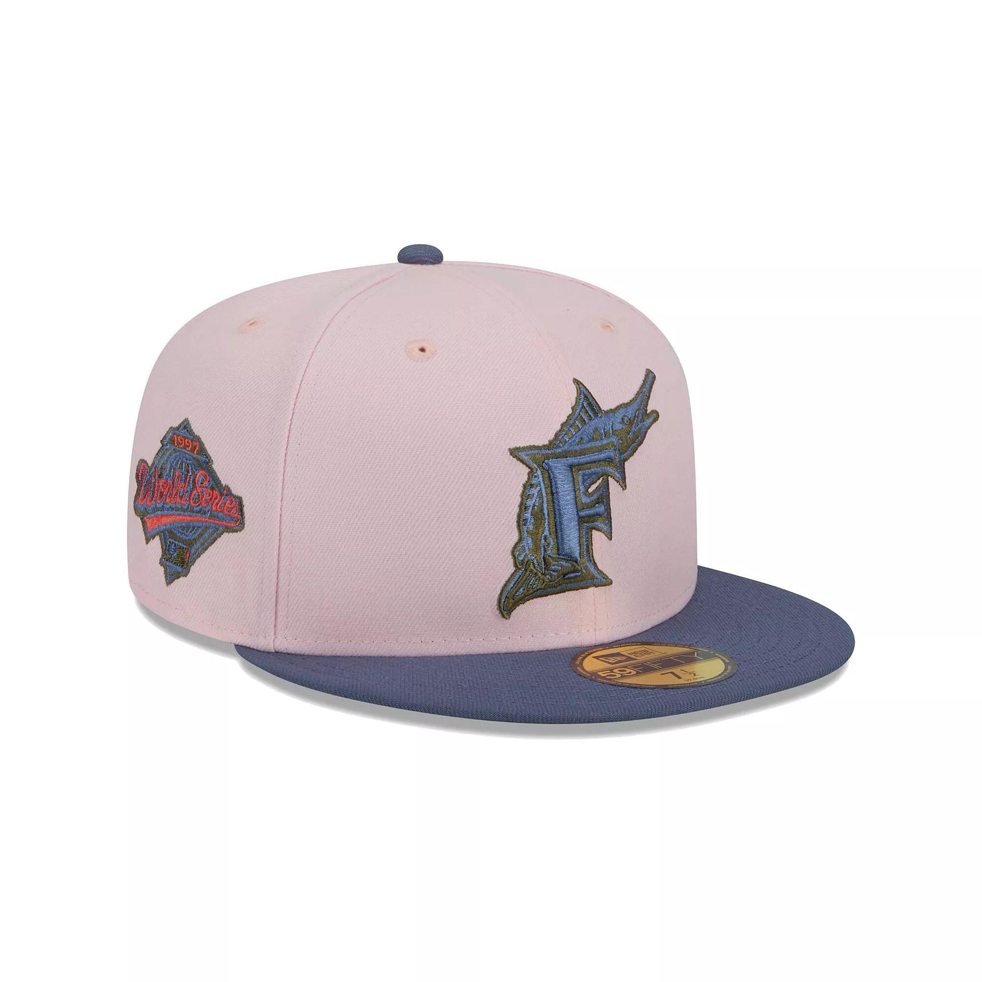 Men's New Era Pink/Blue Florida Marlins Cooperstown Collection Olive Undervisor 59FIFTY Fitted Hat, Size: 7 1/2, Mlb Pink Product Image