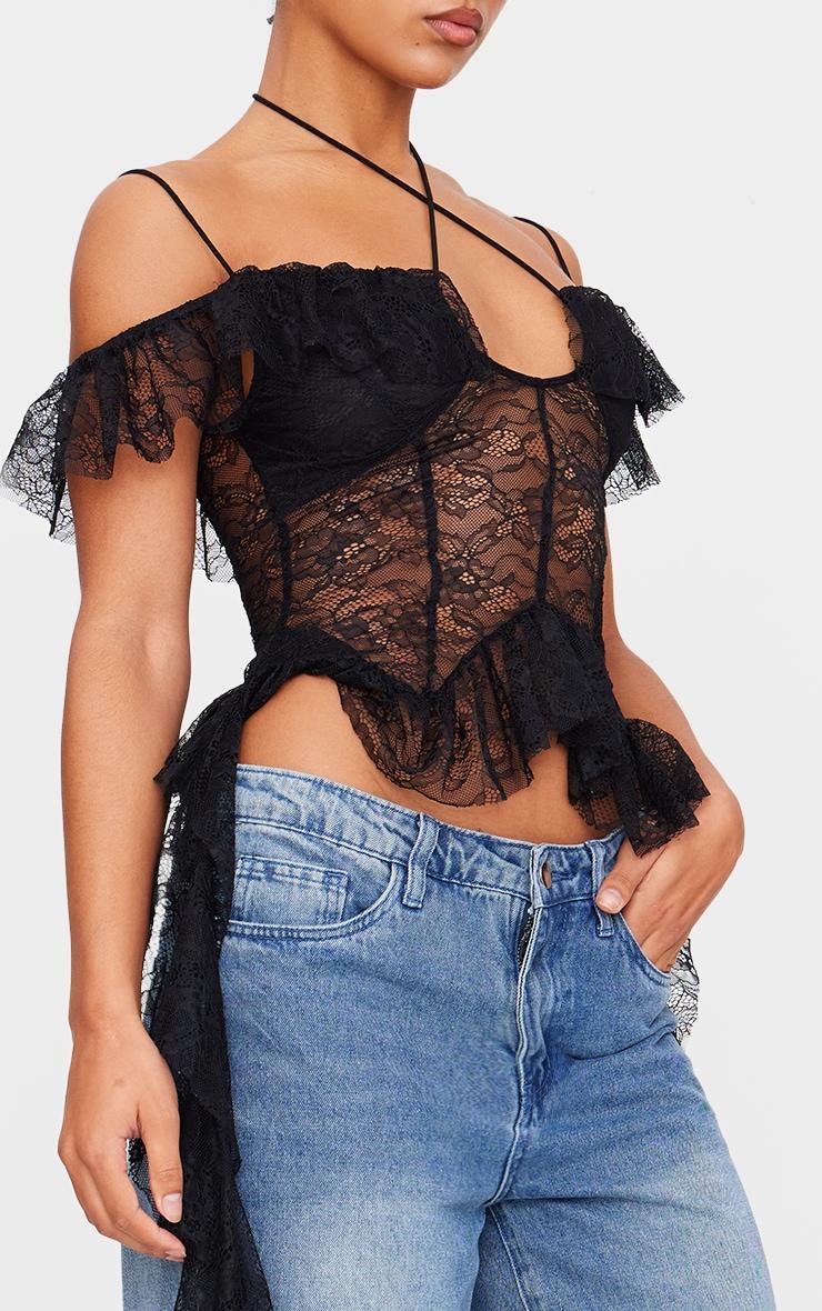 Black Lace Ruffle Halterneck Long Top Product Image