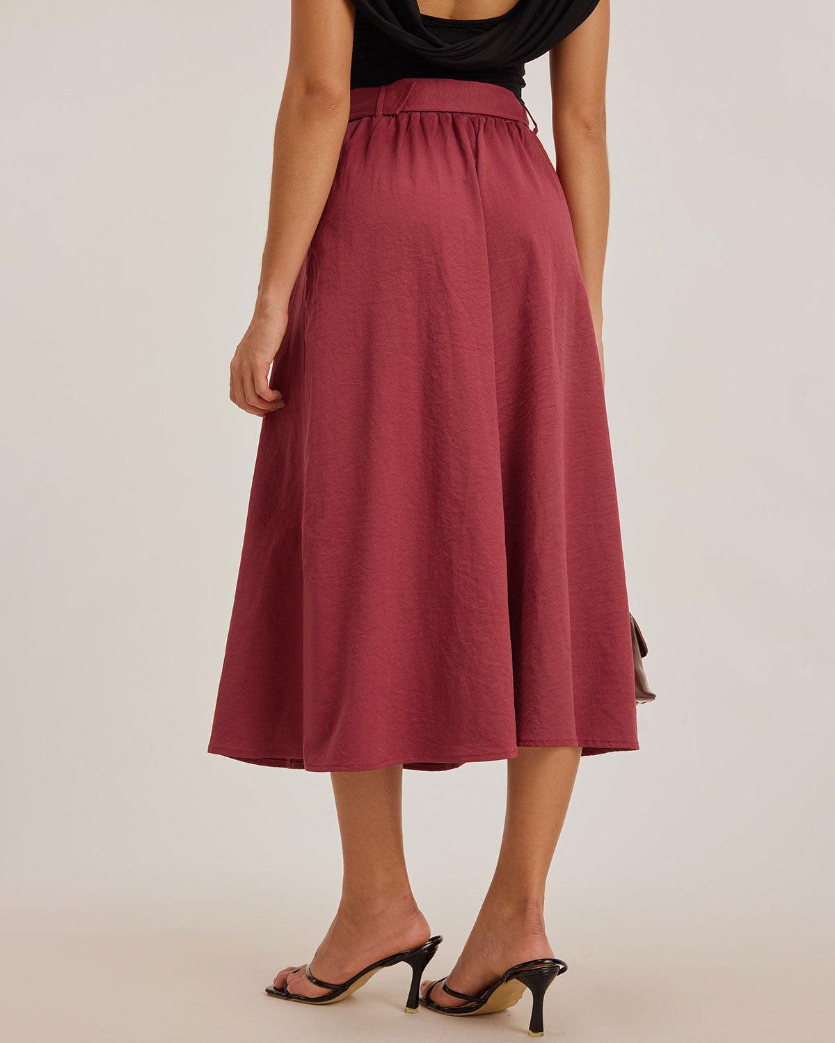 Red Belt Flared Midi Skirt Product Image