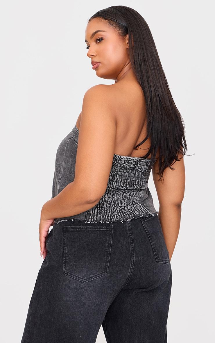 Plus Washed Grey Contrast Seam Detail Pocket Front Corset Bandeau Denim Top Product Image