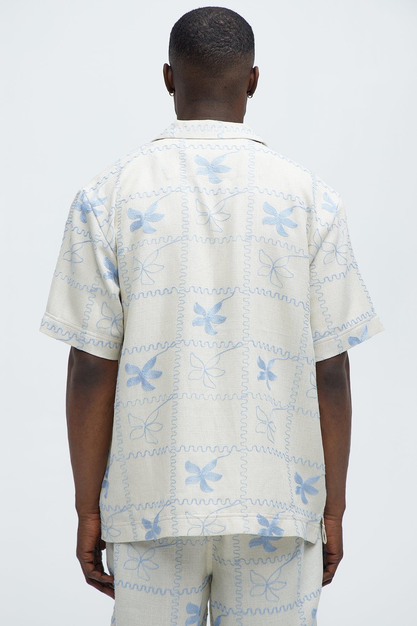 Embroidered Flowers Cuban Collar Button Up Shirt - Off White/combo Product Image