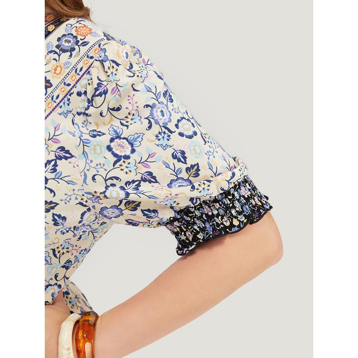 Plus Size Bandana Print Surplice Neck Pocket Shirred Puff Sleeve Dress Aegean Women Vacation Overlap Collar Short sleeve Curvy Midi Dress BloomChic 22-24/3X Product Image