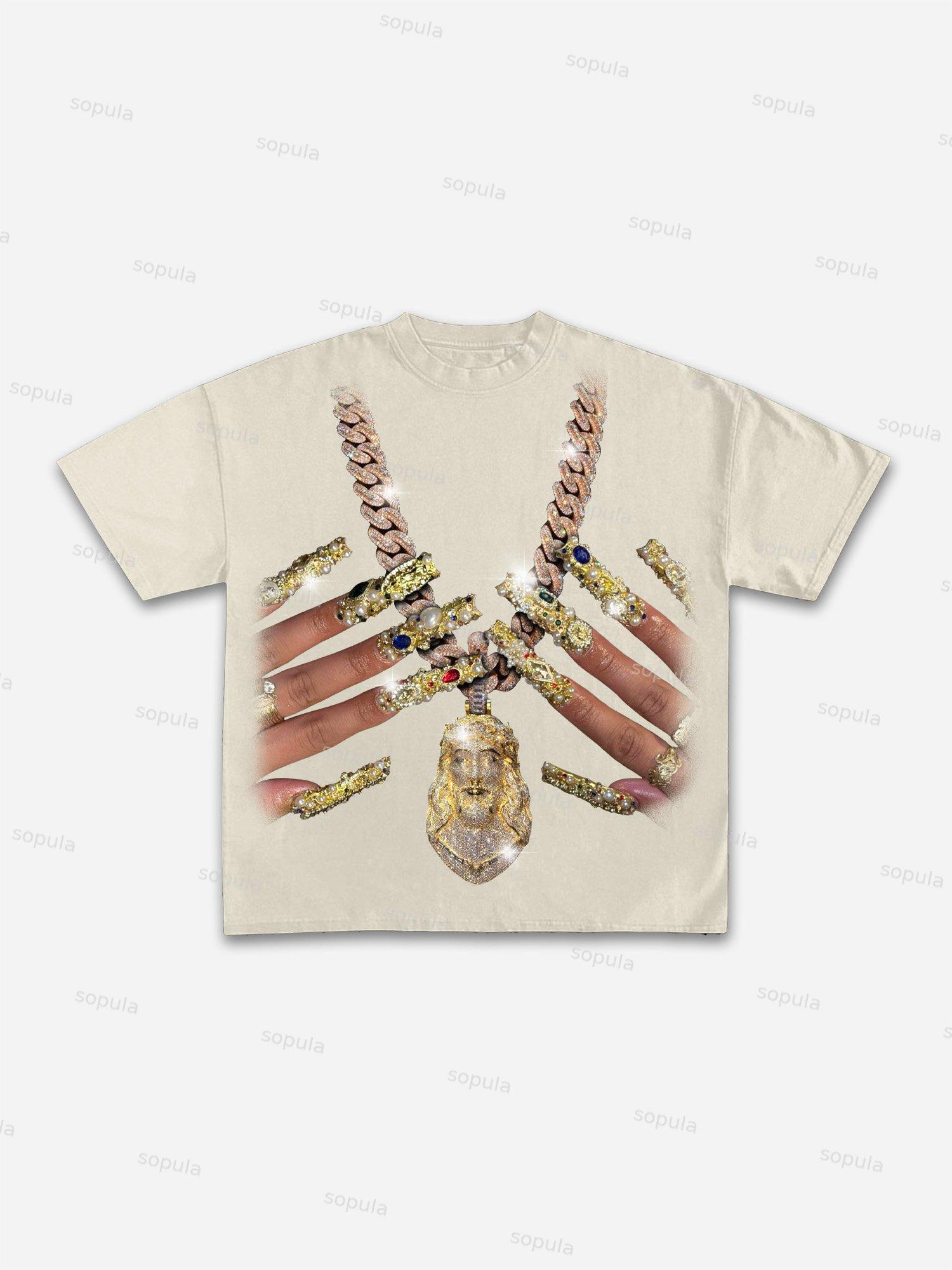 Vintage God Jesus Jewelry Nail Art Graphic Cotton T-shirt Product Image