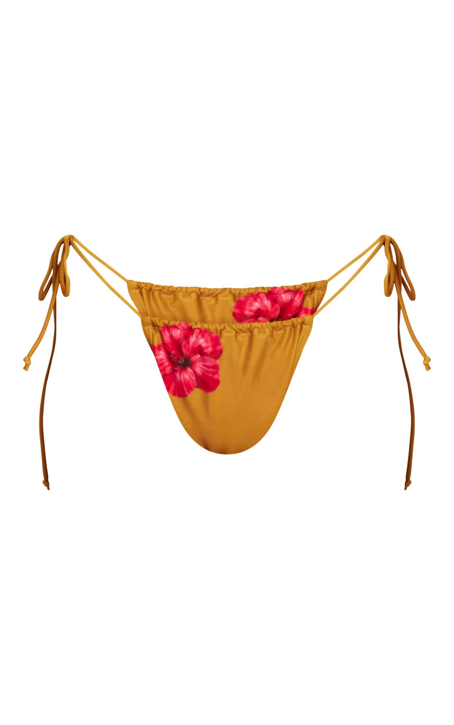Mustard Hibiscus Print Triangle Bikini Top Product Image
