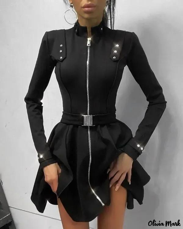 Olivia Mark – Solid Zipper Long Sleeve Mini Dress Product Image