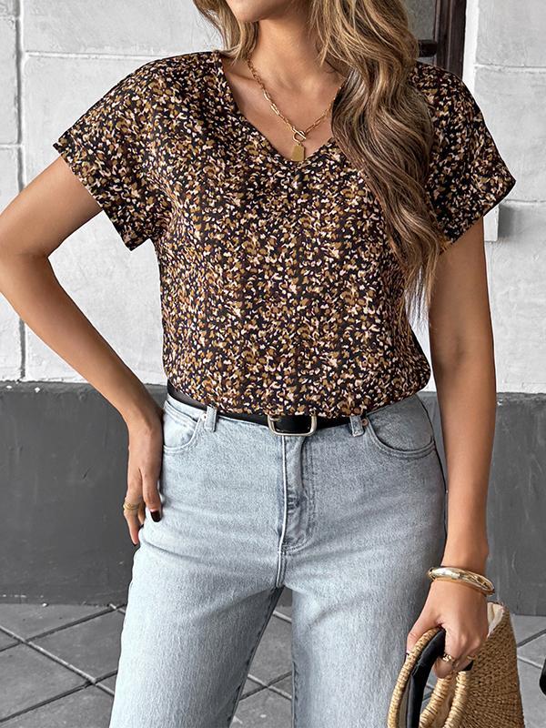 Loose Short Sleeves Contrast Color V-Neck Blouses&Shirts Tops Product Image