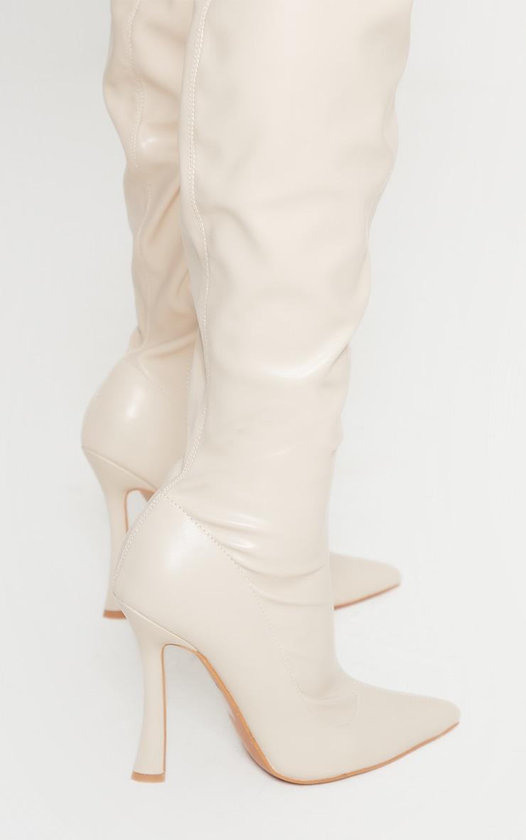 Cream Faux Leather Point Toe Sock Heeled Over The Knee Boots Product Image