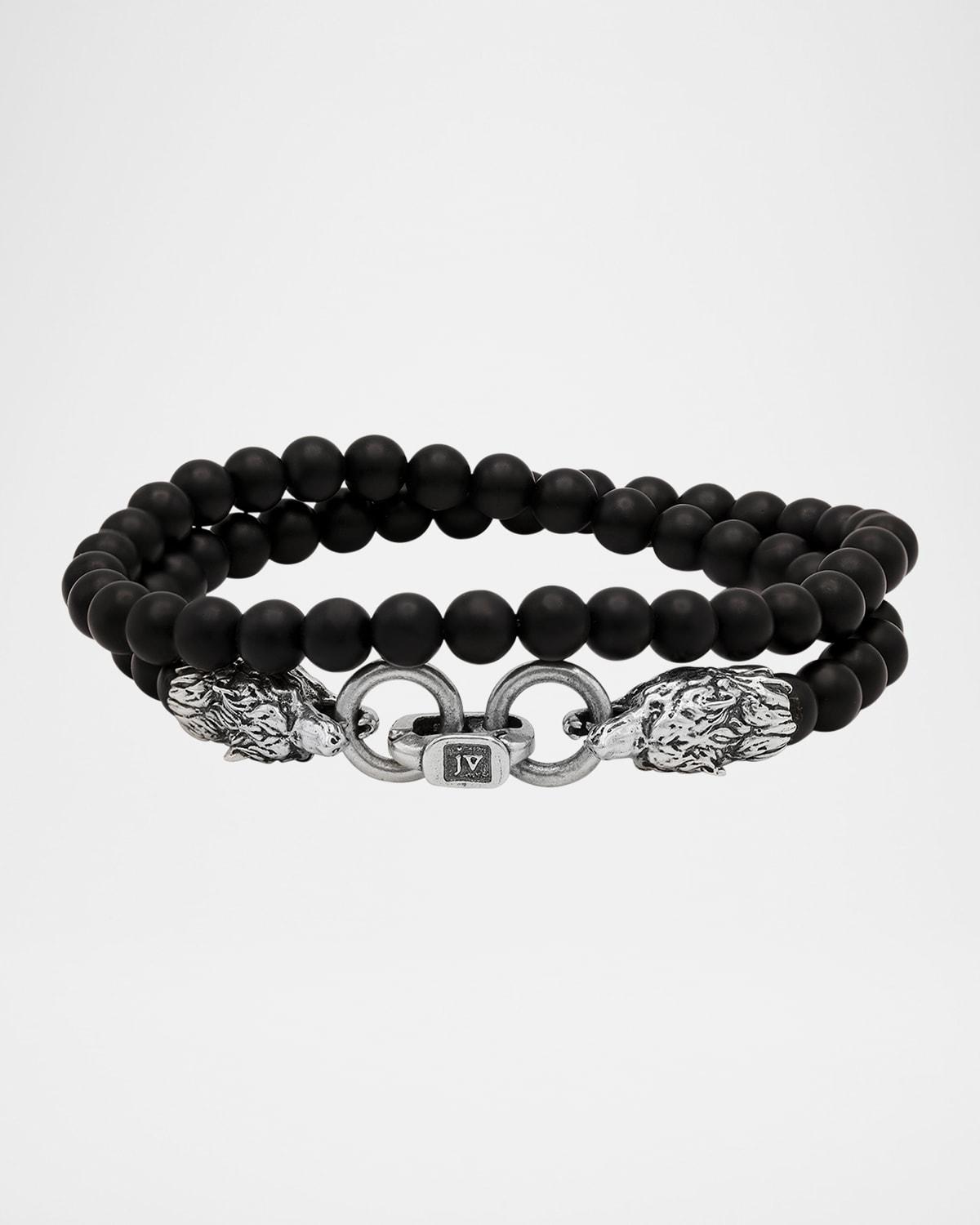 Mens Wolf-Clasp Sterling Silver and Black Onyx Beaded Bracelet Product Image