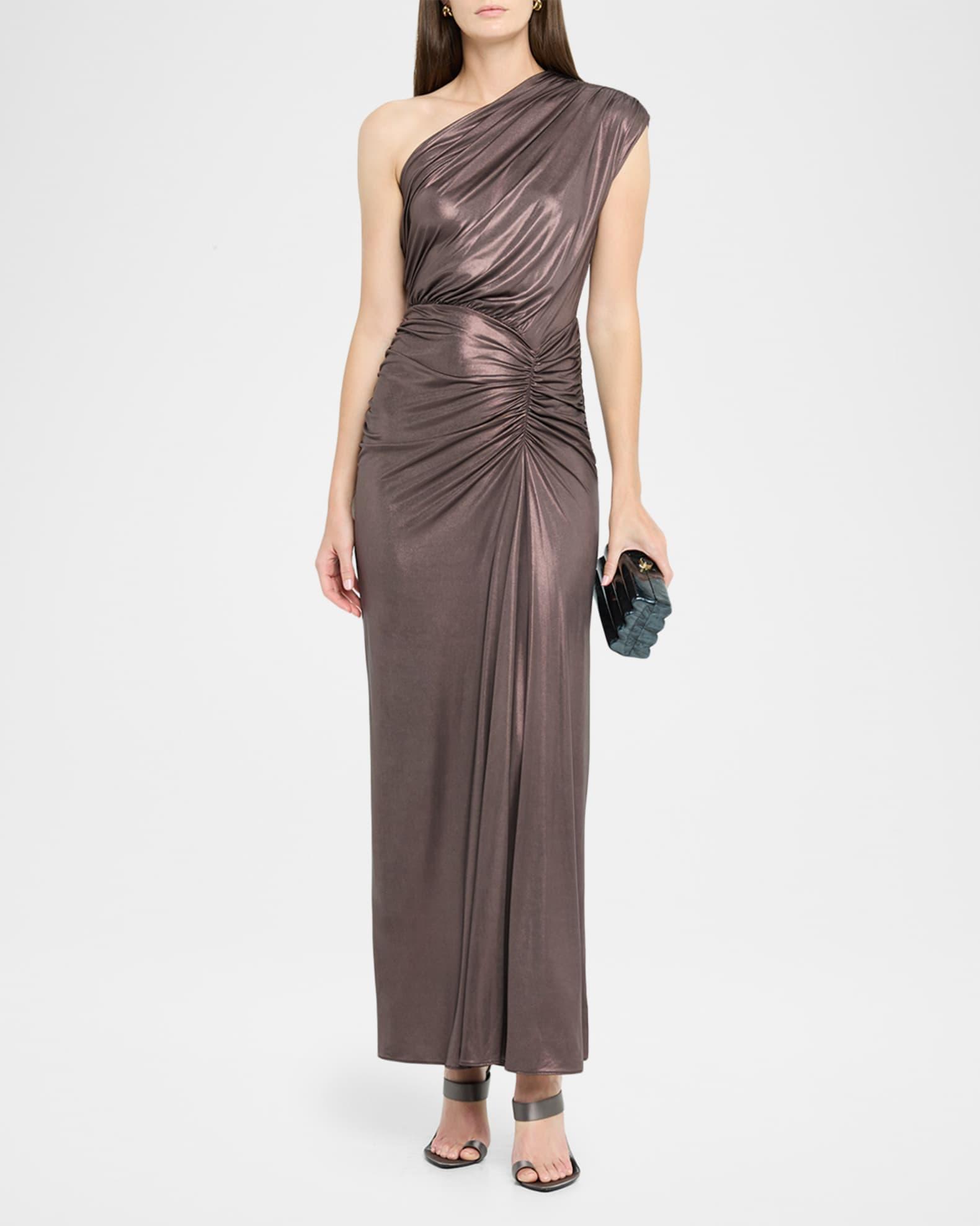 Coated Jersey Ruched One-Shoulder Gown Product Image