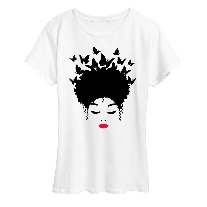 Womens Black Butterfly Hair Graphic Tee Product Image