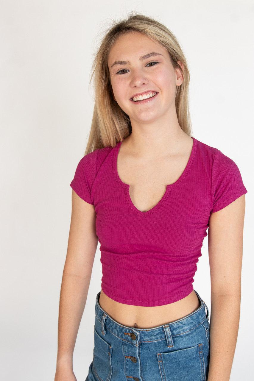 Magenta Notched Ribbed Crop Tee Product Image