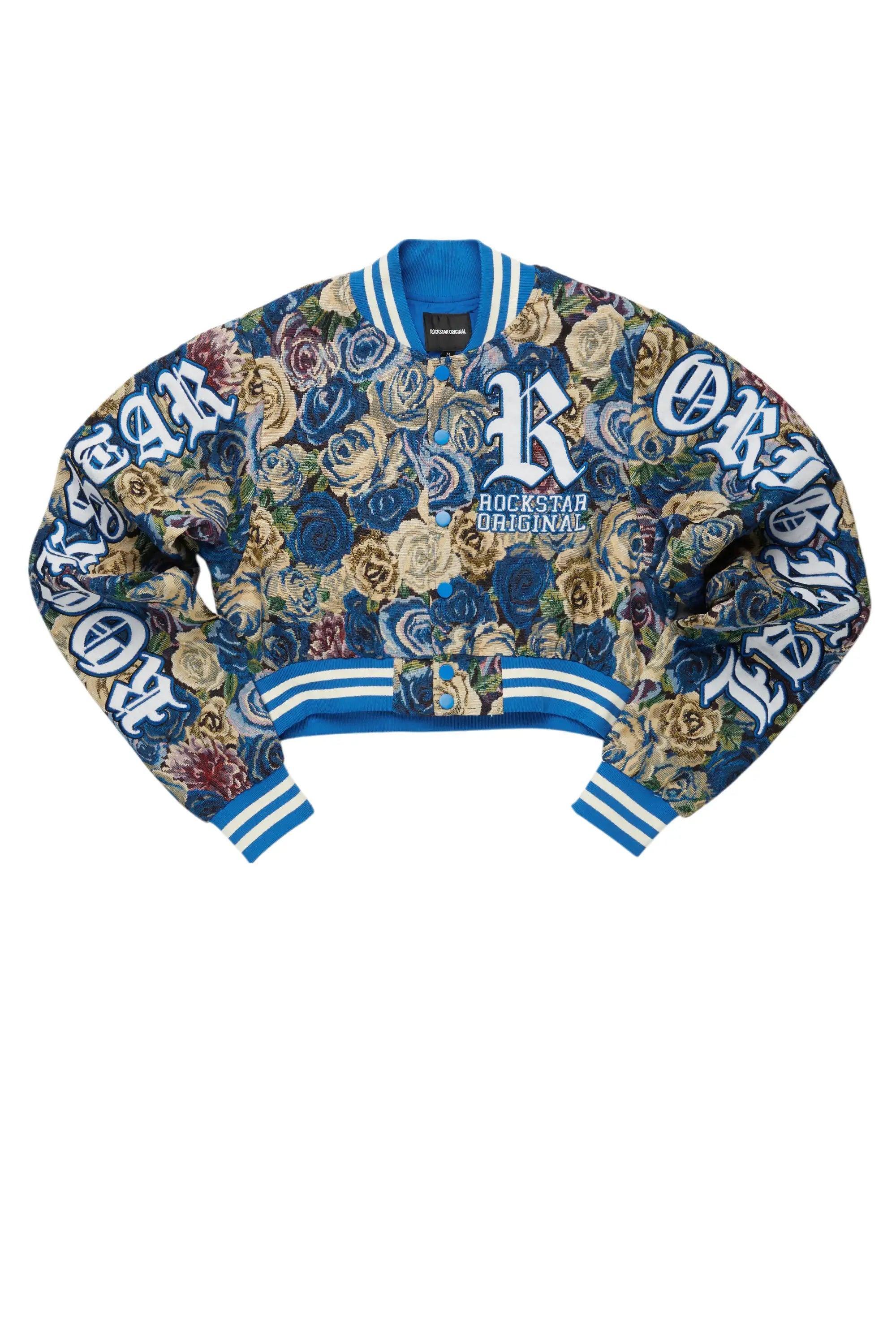 Darresha Blue Crop Tapestry Varsity Jacket Female Product Image