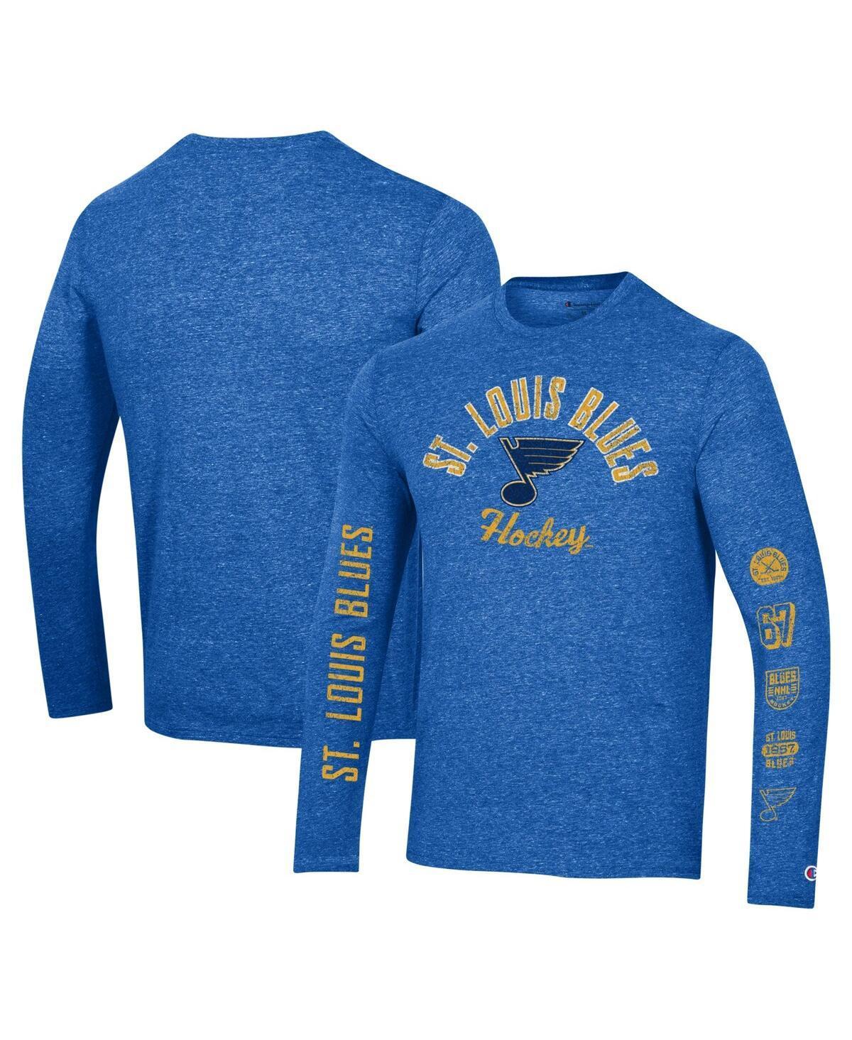 Mens Champion Heather Blue Distressed St. Louis Blues Multi-Logo Tri-Blend Long Sleeve T-shirt Product Image