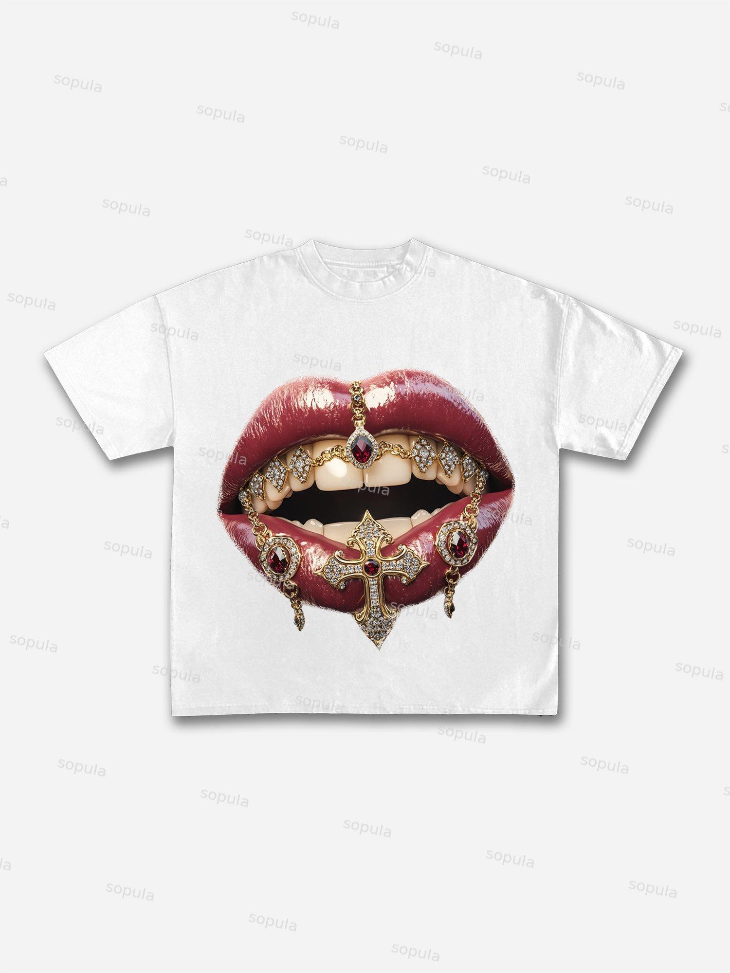 Lips Cross Diamond Print Cotton T-shirt Product Image