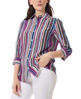 Jones New York Womens Striped 3/4-Sleeve Collared Blouse Product Image