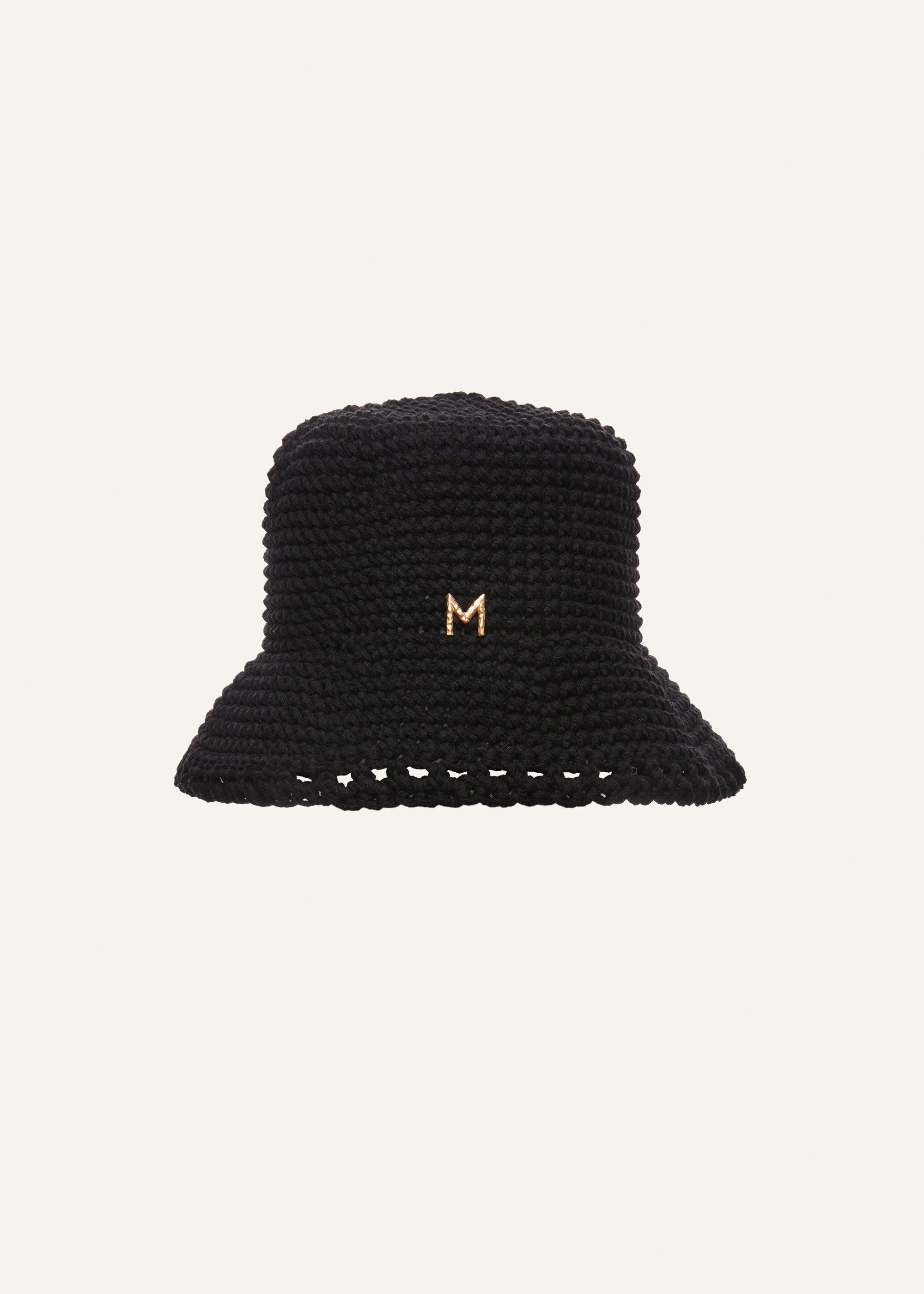 Handmade wide brim crochet bucket hat in black Product Image