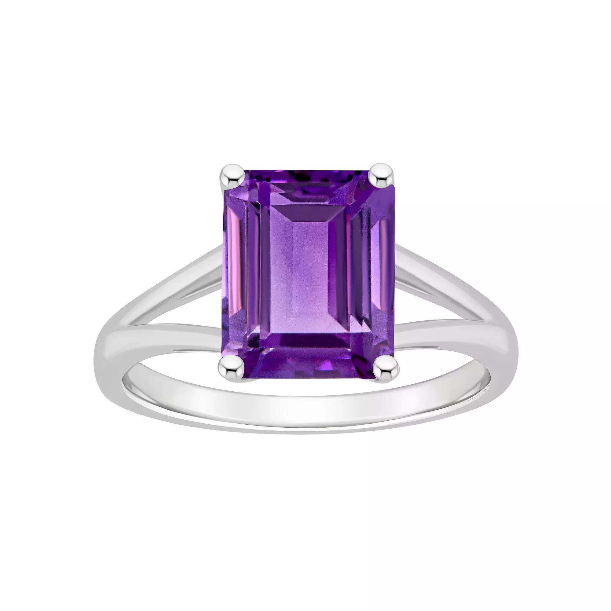 Alyson Layne Sterling Silver 10 mm x 8 mm Emerald Cut Gemstone Split Shank Solitaire Ring, Women's, Size: 7, Purple Product Image