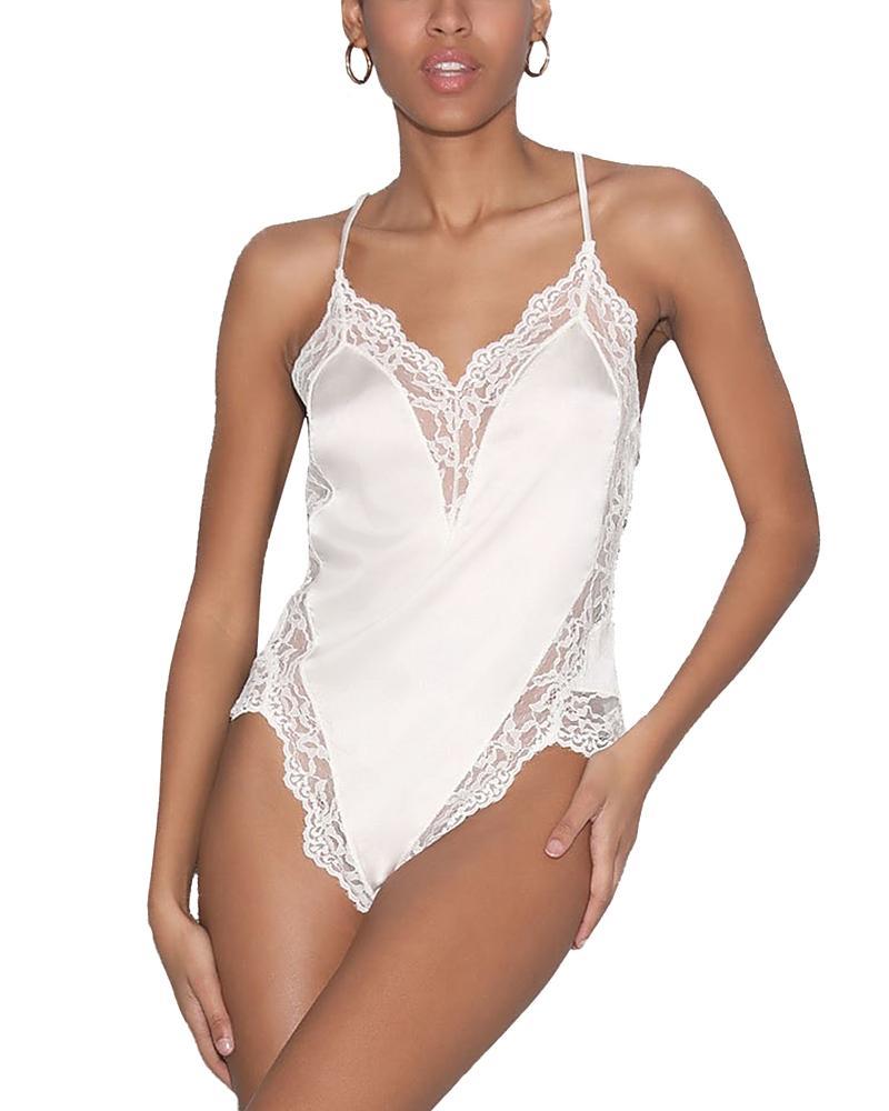 Fleur du Mal Venus Lace Trim Silk Thong Teddy Ivory XS Product Image