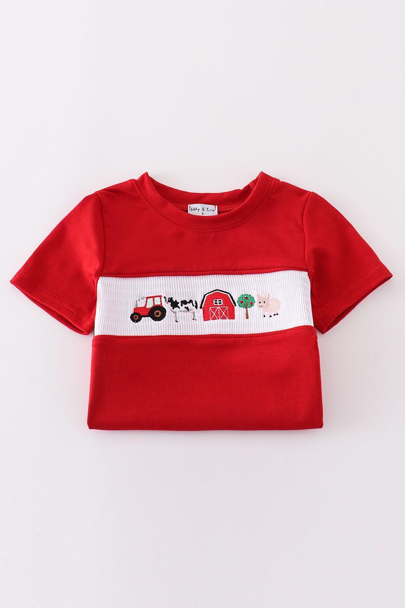 Khaki farm embroidery smocked plaid shorts set Product Image