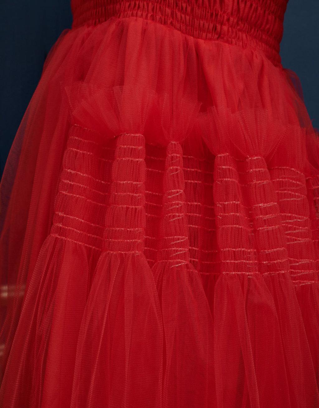 Dream Sister Jane bow shoulder tulle midi dress in red Product Image