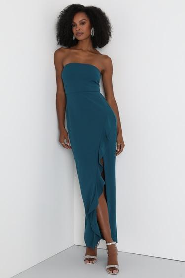 After Hours Teal Strapless Ruffled Maxi Dress Product Image