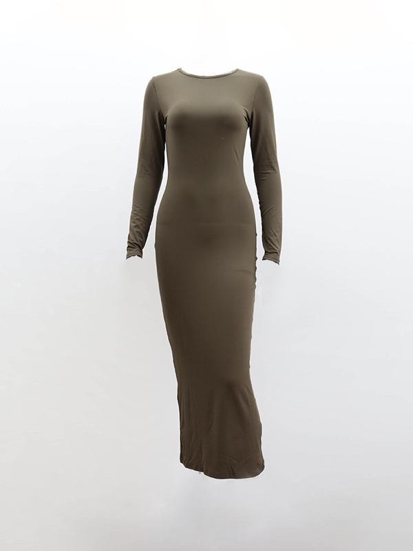 Solid Crew Neck Long Sleeve Midi Dress Product Image