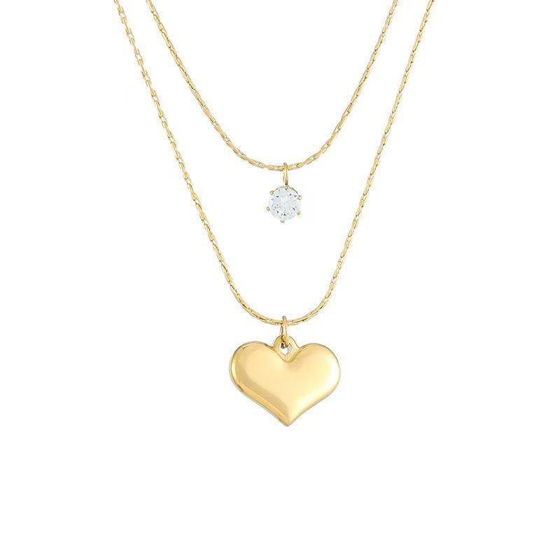 Heart Rhinestone Pendant Layered Stainless Steel Necklace Product Image