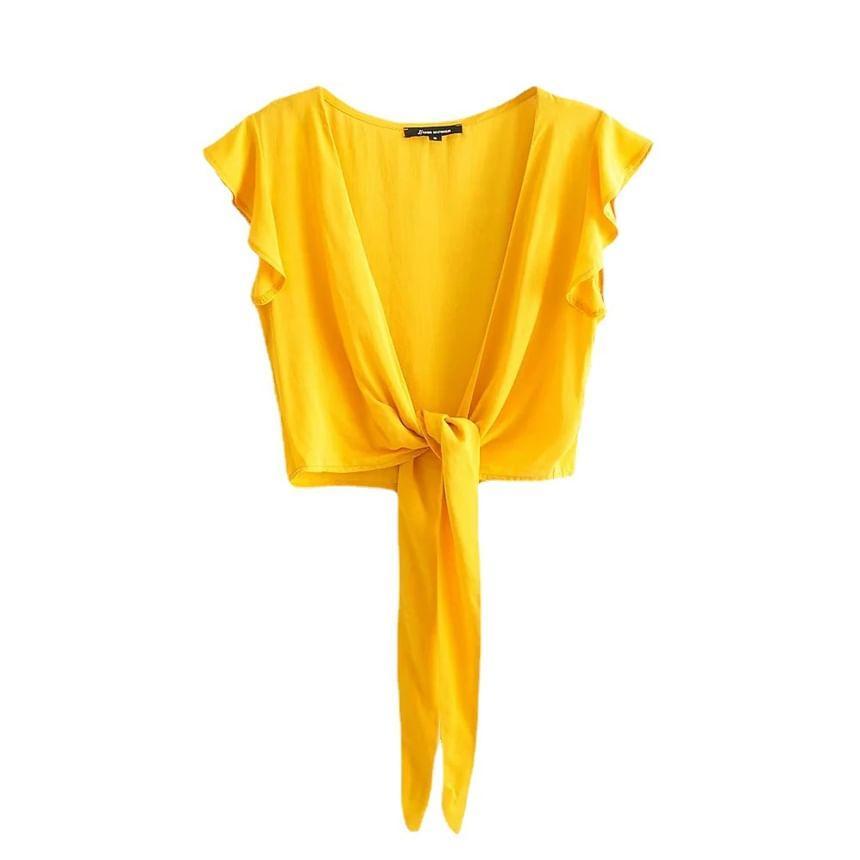 Sleeveless V-Neck Plain Ruffle Tie Front Crop Top Product Image