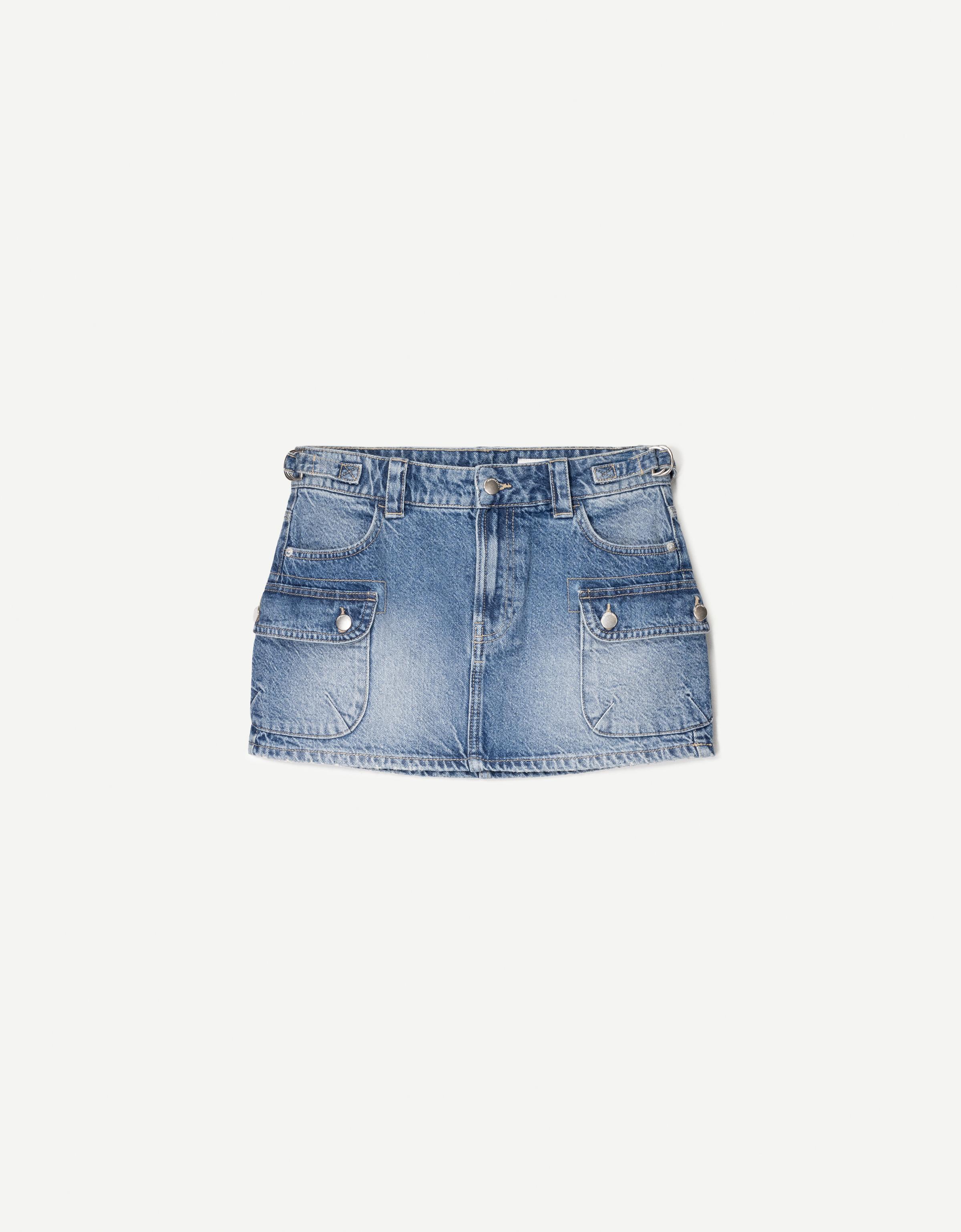 Denim cargo skirt with straps Product Image