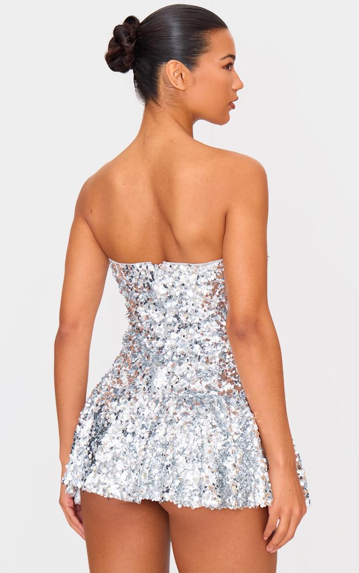 Silver Sequin Bandeau Pleated Skort Romper Product Image