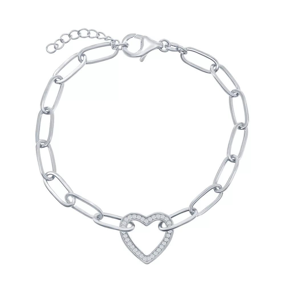 Cubic Zirconia Open Heart Paper Clip Bracelet, Women's, Size: 7-8" ADJ, Sterling Product Image