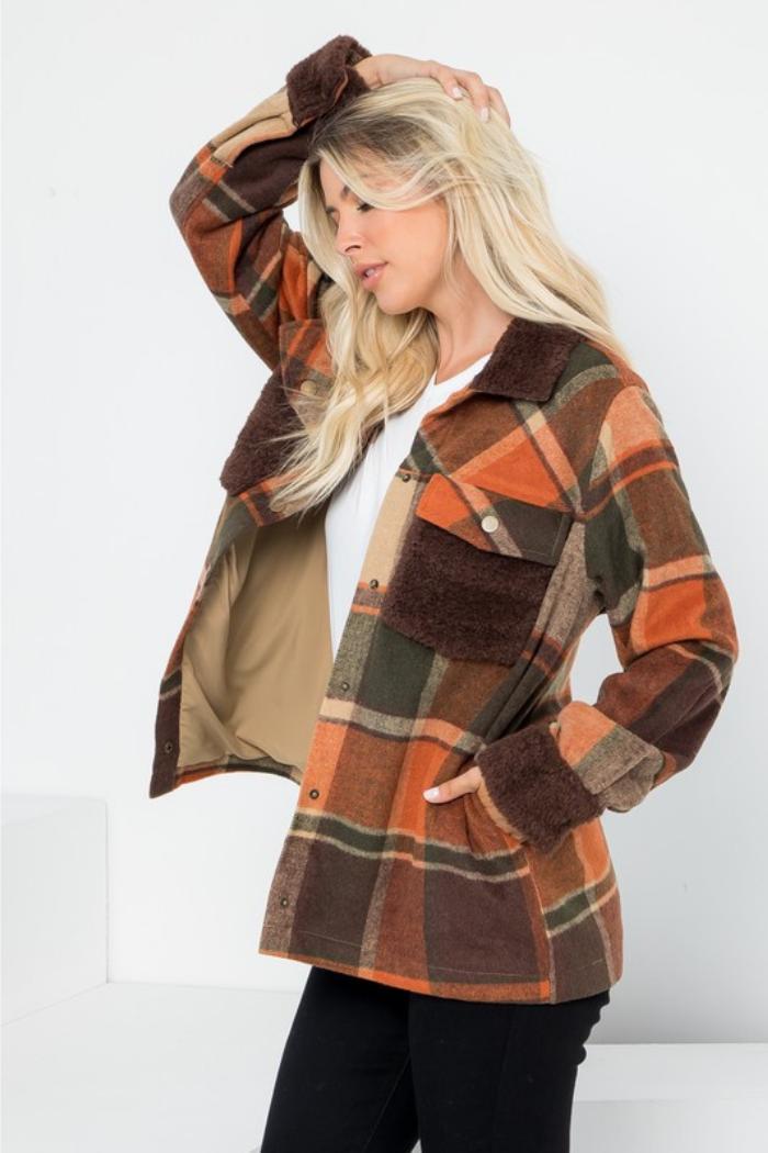 Plaid Wool-Like Shacket with Sherpa Contrast Product Image