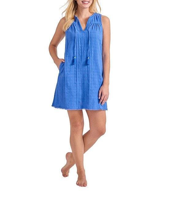 Tommy Bahama Mykonos Texture Split V-Neck Shift Swim Cover-Up Dress Product Image