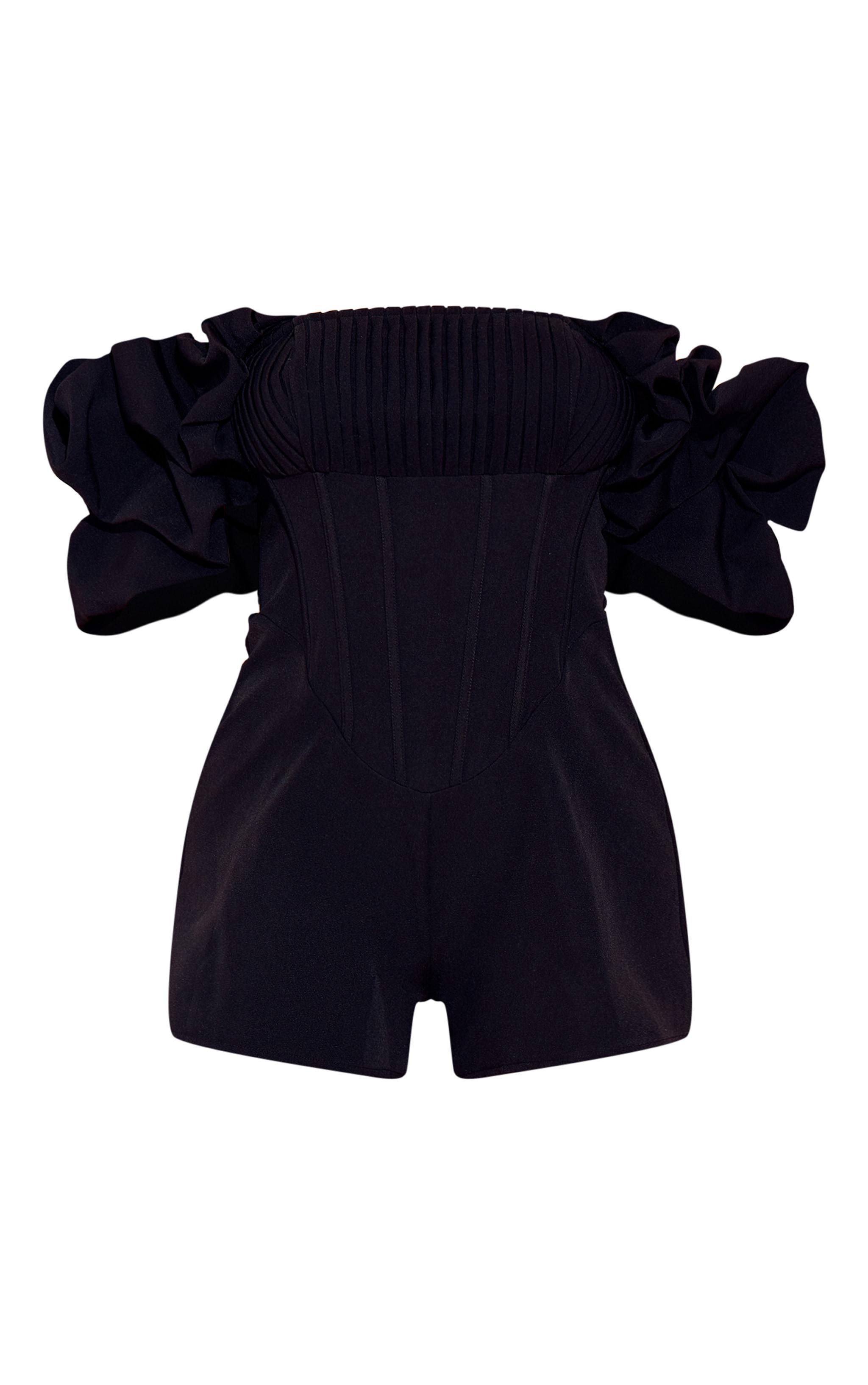 Black Woven Pleated Corset Bardot Frill Romper Product Image