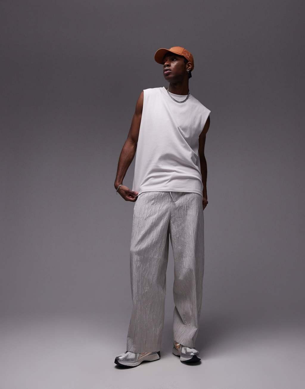 Topman oversized fit sleeveless t-shirt in stone Product Image