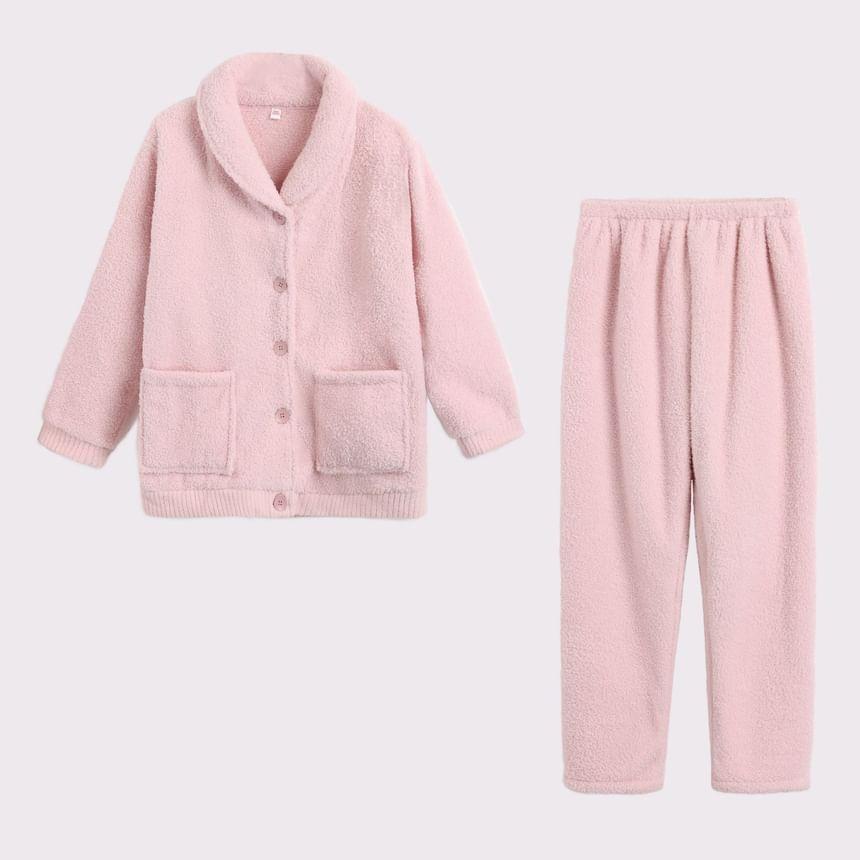 Couple Matching Pajama Set: Plain Fleece Shirt + Pants Product Image